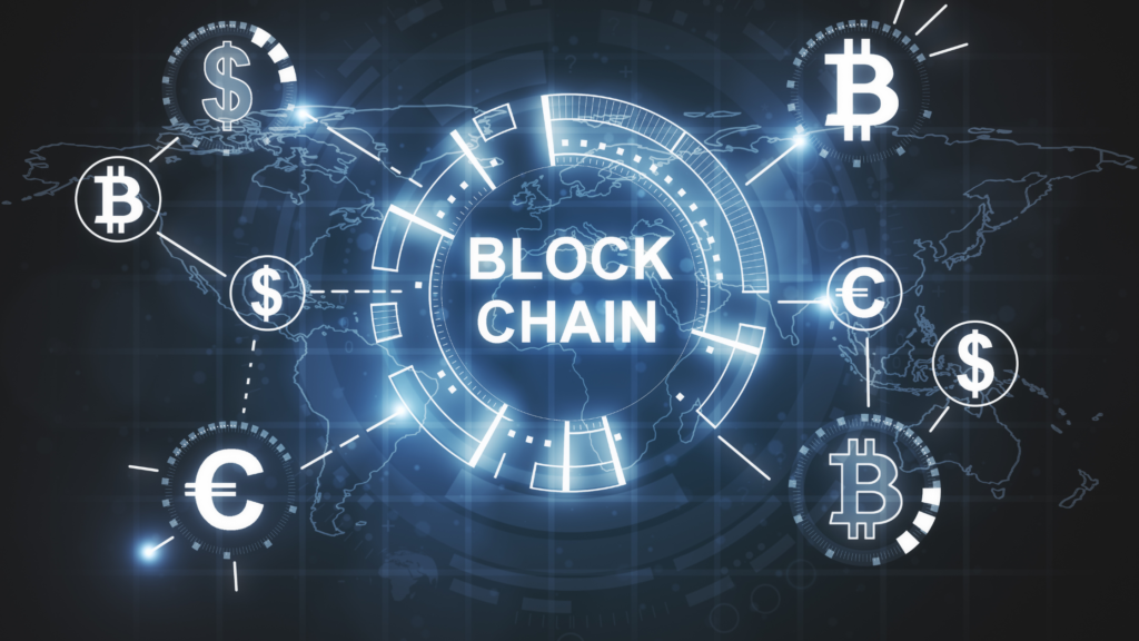 Blockchain illustration with global map and currency symbols.
