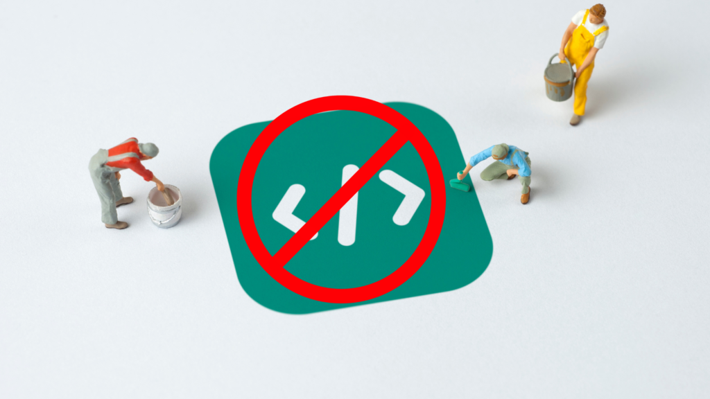 crossed out coding symbol to represent no-code solutions