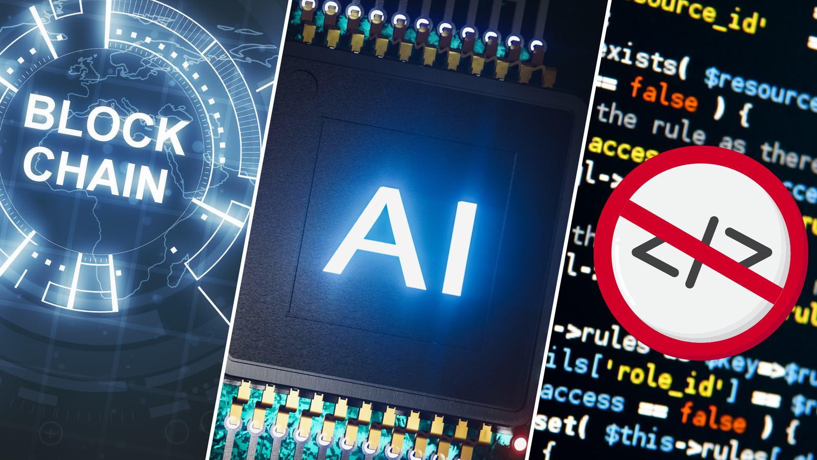 collage of block chain, ai and no-code interface illustrations to signify the role they play in enhancing trust in digital platforms.